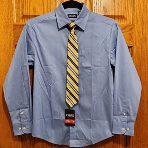 Chaps Dress Apparel Boys Blue Button Down Stretch Shirt with Yellow Striped Tie